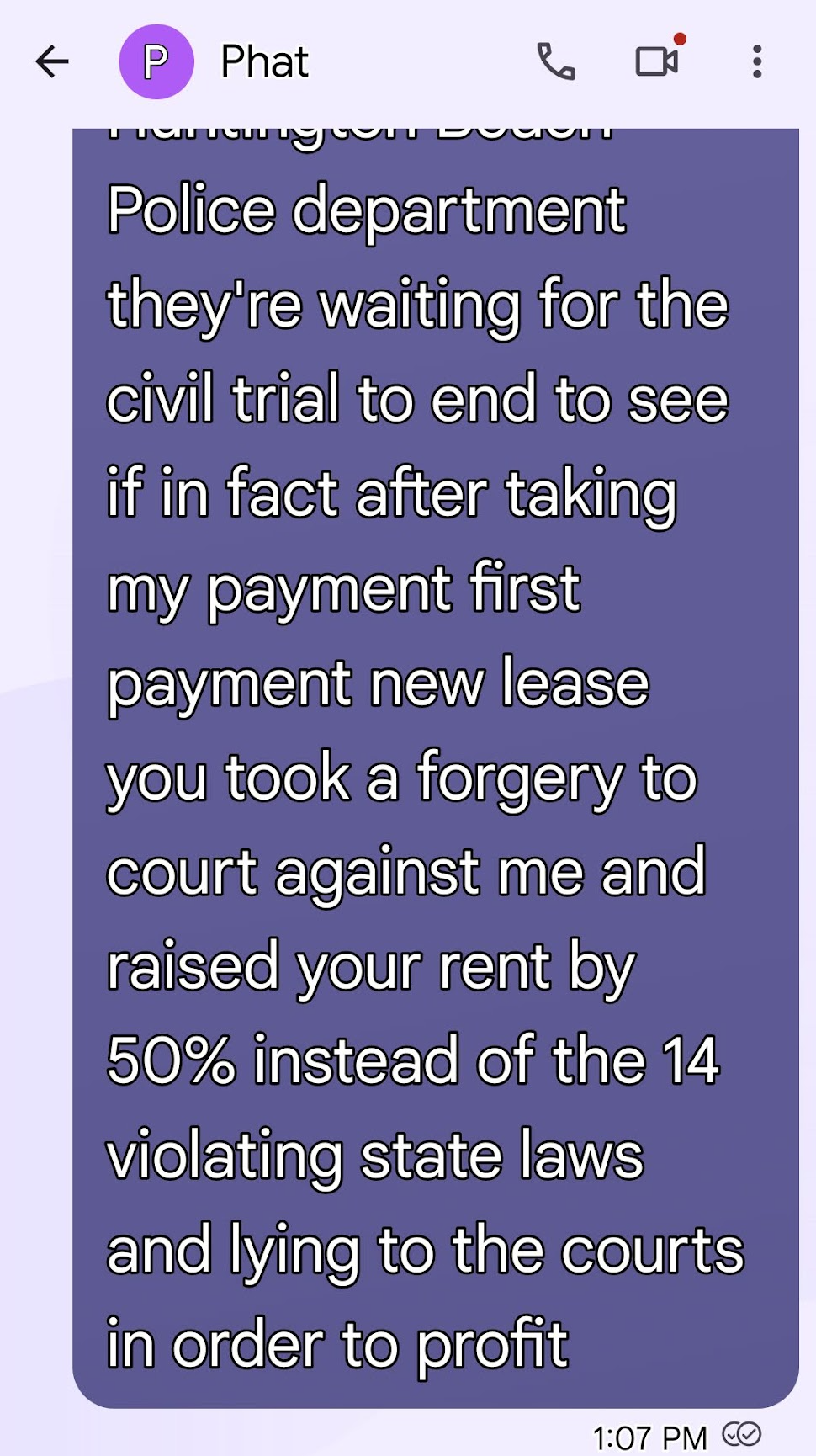 Tenant message about police waiting for Tran’s further violation